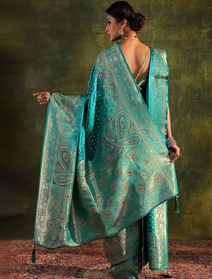turquoise blue embellished silk saree with unstitched blouse and dupatta 3