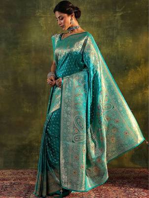 turquoise blue embellished silk saree with unstitched blouse and dupatta 4