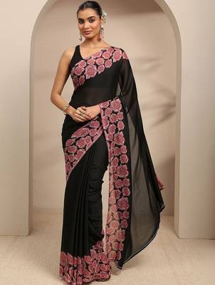 black ombre solid saree with unstitched blouse piece 1