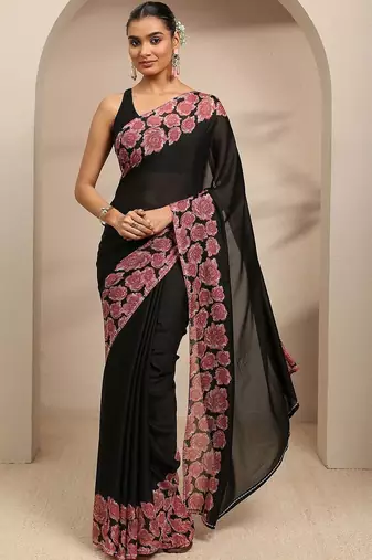 black ombre solid saree with unstitched blouse piece