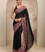 black ombre solid saree with unstitched blouse piece