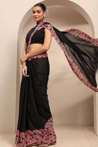 black ombre solid saree with unstitched blouse piece