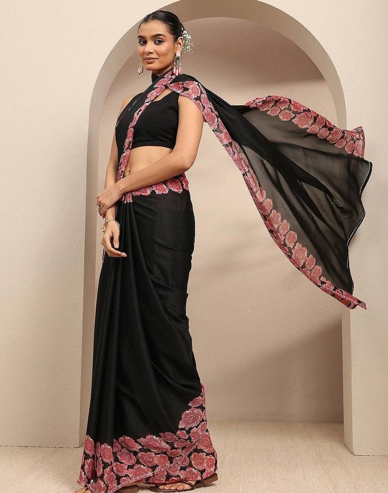 black ombre solid saree with unstitched blouse piece