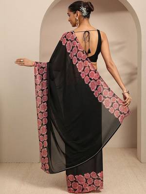 black ombre solid saree with unstitched blouse piece 4