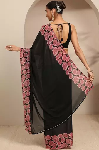 black ombre solid saree with unstitched blouse piece