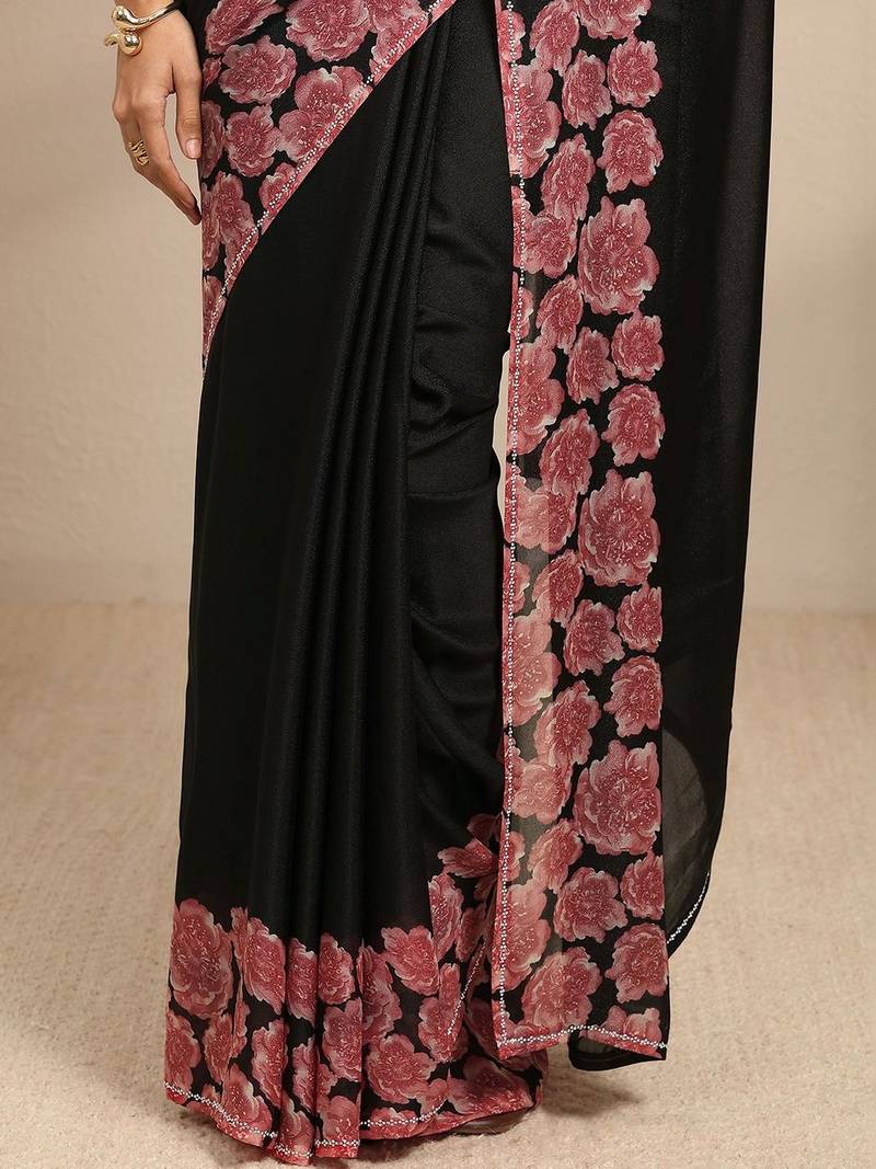 black ombre solid saree with unstitched blouse piece