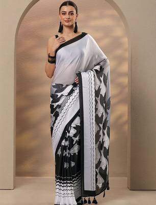 black animal printed satin saree with unstitched blouse piece 1