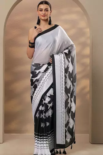 black animal printed satin saree with unstitched blouse piece