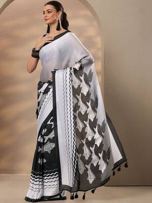 black animal printed satin saree with unstitched blouse piece 2