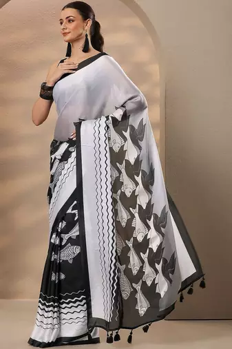 black animal printed satin saree with unstitched blouse piece