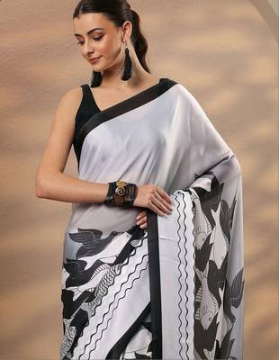 black animal printed satin saree with unstitched blouse piece 3
