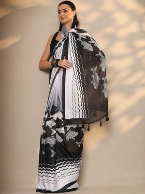 black animal printed satin saree with unstitched blouse piece 5