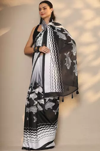 black animal printed satin saree with unstitched blouse piece