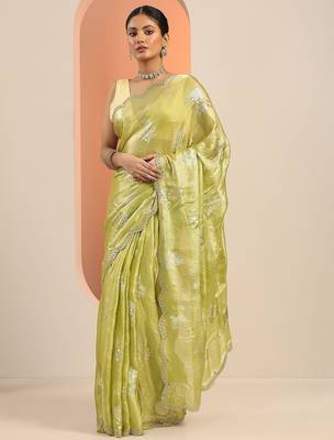 green printed satin saree with unstitched blouse piece 1