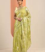 green printed satin saree with unstitched blouse piece