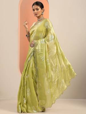 green printed satin saree with unstitched blouse piece 2