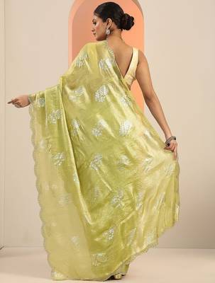 green printed satin saree with unstitched blouse piece 3
