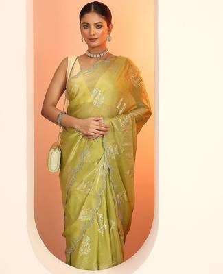 green printed satin saree with unstitched blouse piece 4