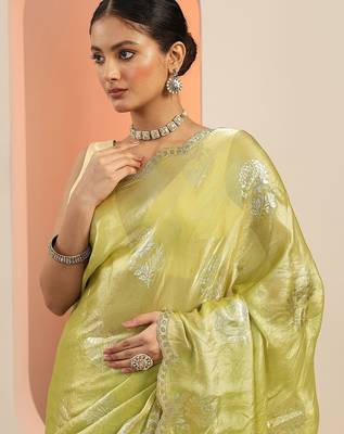 green printed satin saree with unstitched blouse piece 5