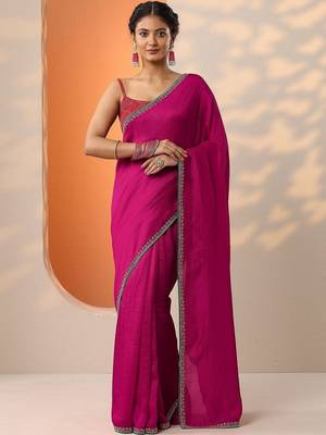magenta solid saree with unstitched blouse piece 1