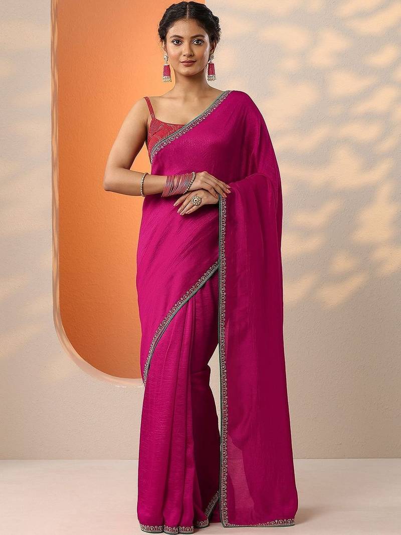 magenta solid saree with unstitched blouse piece