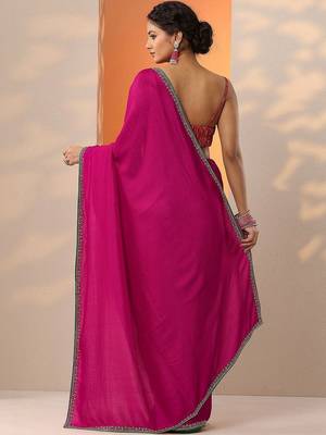 magenta solid saree with unstitched blouse piece 2