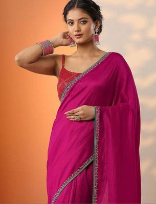 magenta solid saree with unstitched blouse piece 5