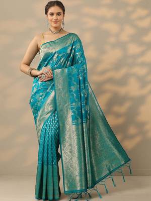 teal embellished banarasi saree with unstitched blouse piece 1