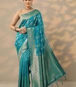teal embellished banarasi saree with unstitched blouse piece