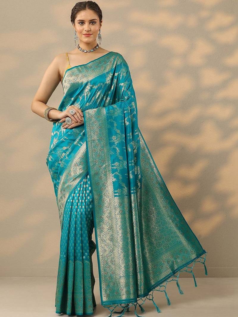 teal embellished banarasi saree with unstitched blouse piece
