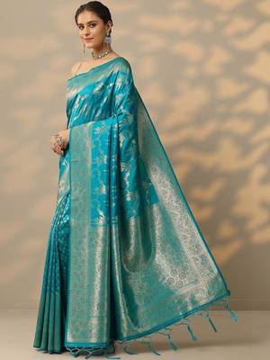 teal embellished banarasi saree with unstitched blouse piece 2
