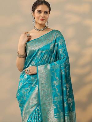 teal embellished banarasi saree with unstitched blouse piece 3