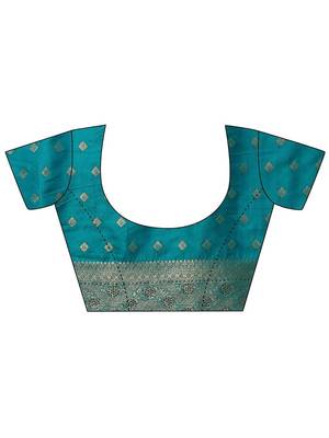 teal embellished banarasi saree with unstitched blouse piece 5