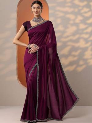 purple solid saree with unstitched blouse piece 1
