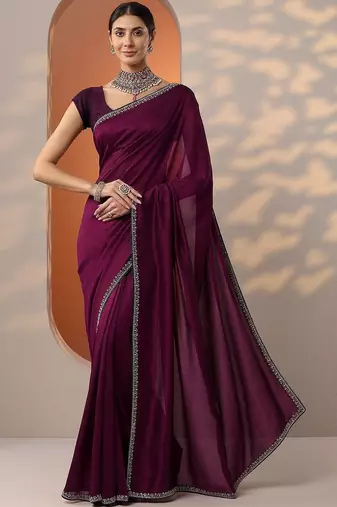 purple solid saree with unstitched blouse piece