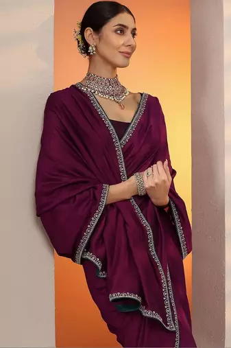 purple solid saree with unstitched blouse piece