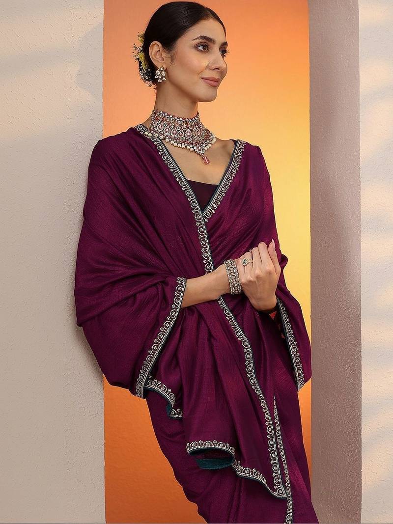purple solid saree with unstitched blouse piece