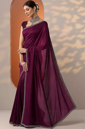 purple solid saree with unstitched blouse piece