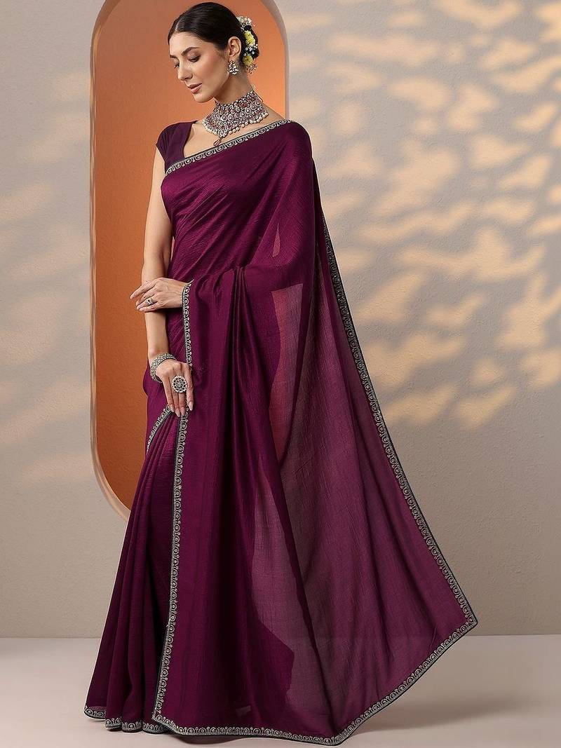 purple solid saree with unstitched blouse piece