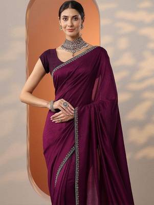 purple solid saree with unstitched blouse piece 5