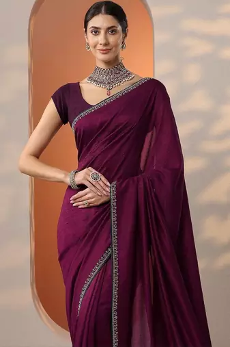 purple solid saree with unstitched blouse piece