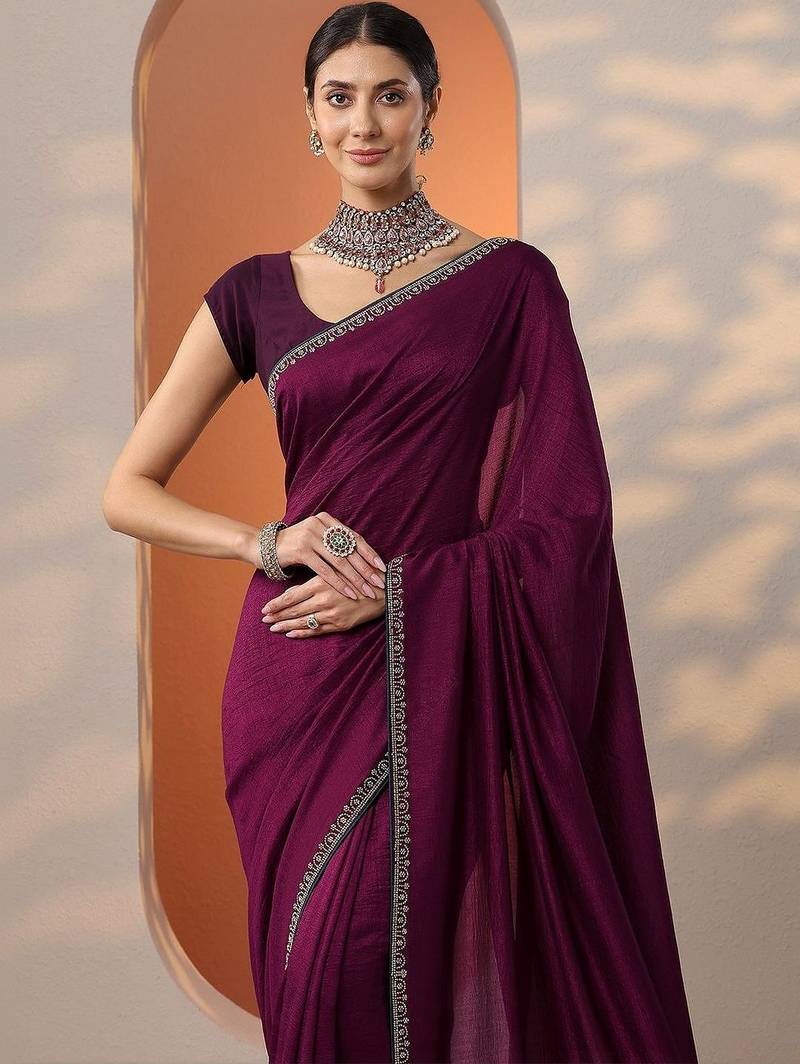 purple solid saree with unstitched blouse piece
