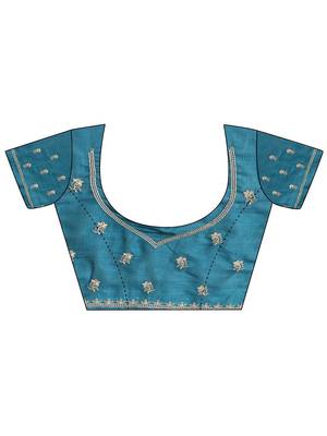 teal beads embellished saree with zari embellished border and a blouse piece 4