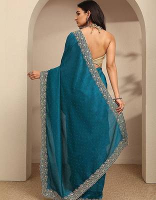 teal beads embellished saree with zari embellished border and a blouse piece 5