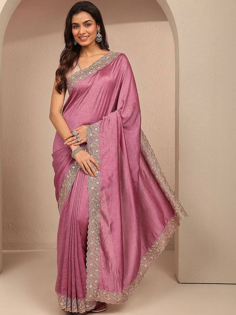 purple embellished saree with unstitched blouse piece