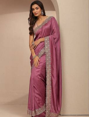 purple embellished saree with unstitched blouse piece 5