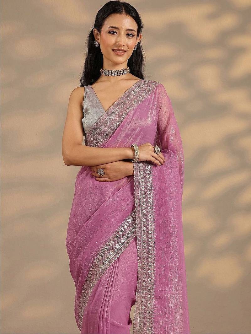 purple embellished saree with unstitched blouse piece