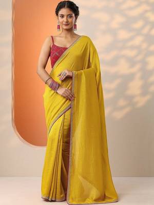 yellow solid saree with unstitched blouse piece 1