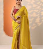 yellow solid saree with unstitched blouse piece