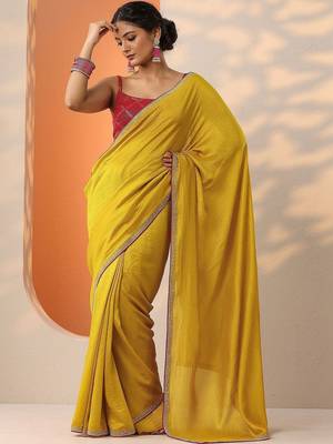 yellow solid saree with unstitched blouse piece 2